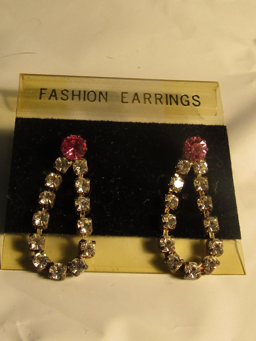 Vintage New on Card FASHION EARRINGS Pink &White Rhinestone Loops Dangle Pierced